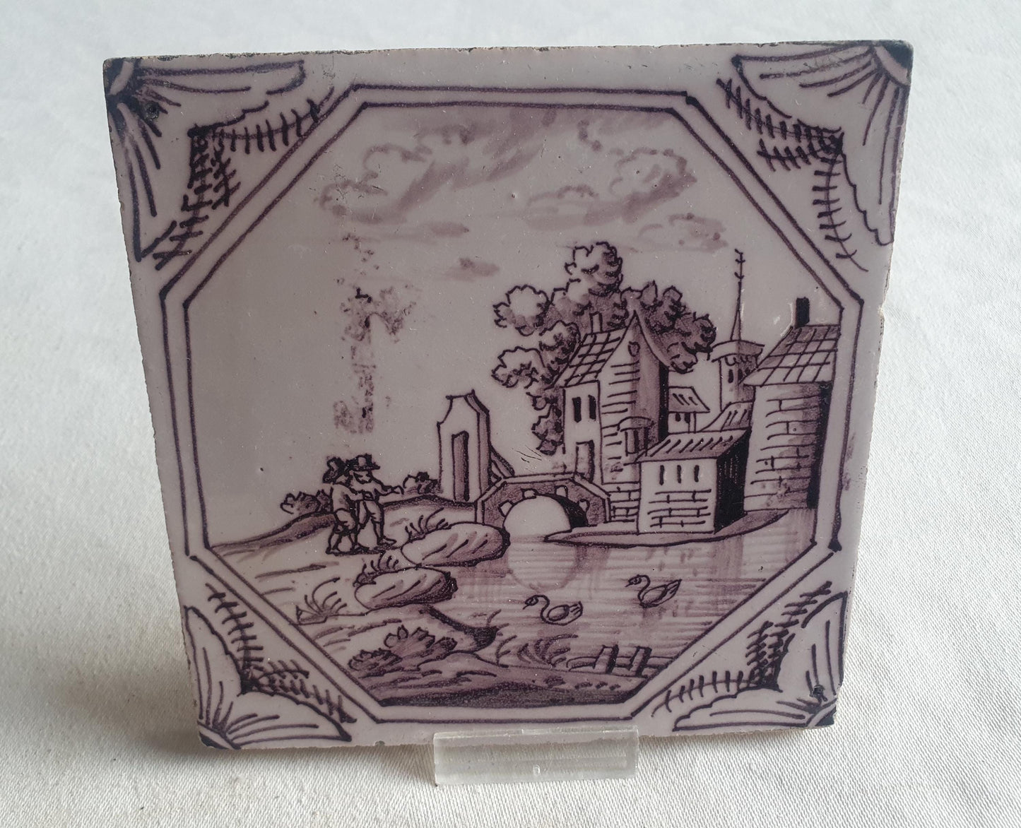 Delft tile, landscape 18th century (c. 1760) Dutch manganese tile . ( Landscape tile )
