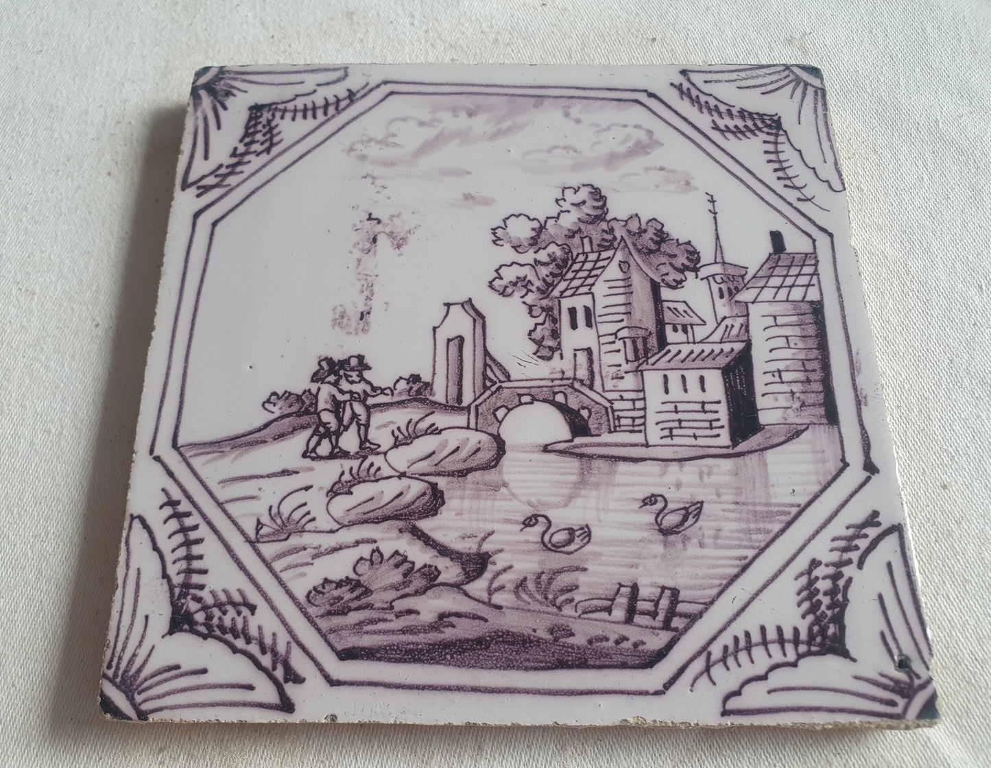 Delft tile, landscape 18th century (c. 1760) Dutch manganese tile . ( Landscape tile )