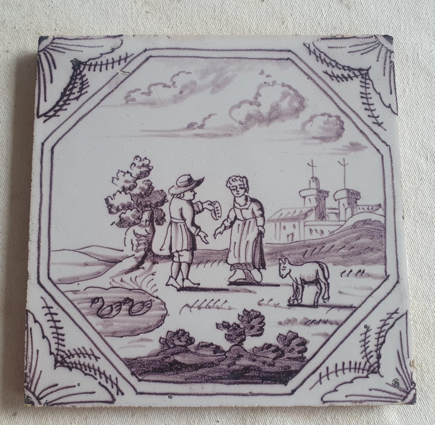 Delft tile, Romantic scene 18th century (c. 1760) Dutch manganese tile . ( Landscape tile )