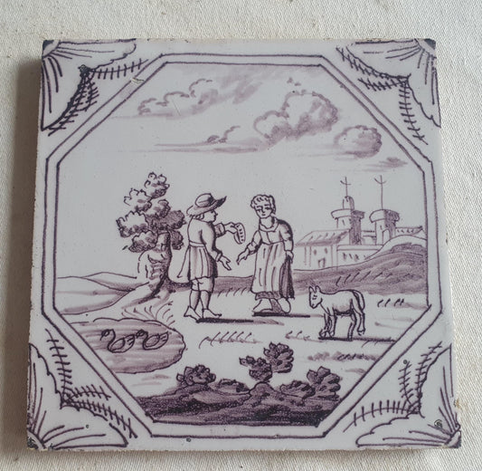 Delft tile, Romantic scene 18th century (c. 1760) Dutch manganese tile . ( Landscape tile )