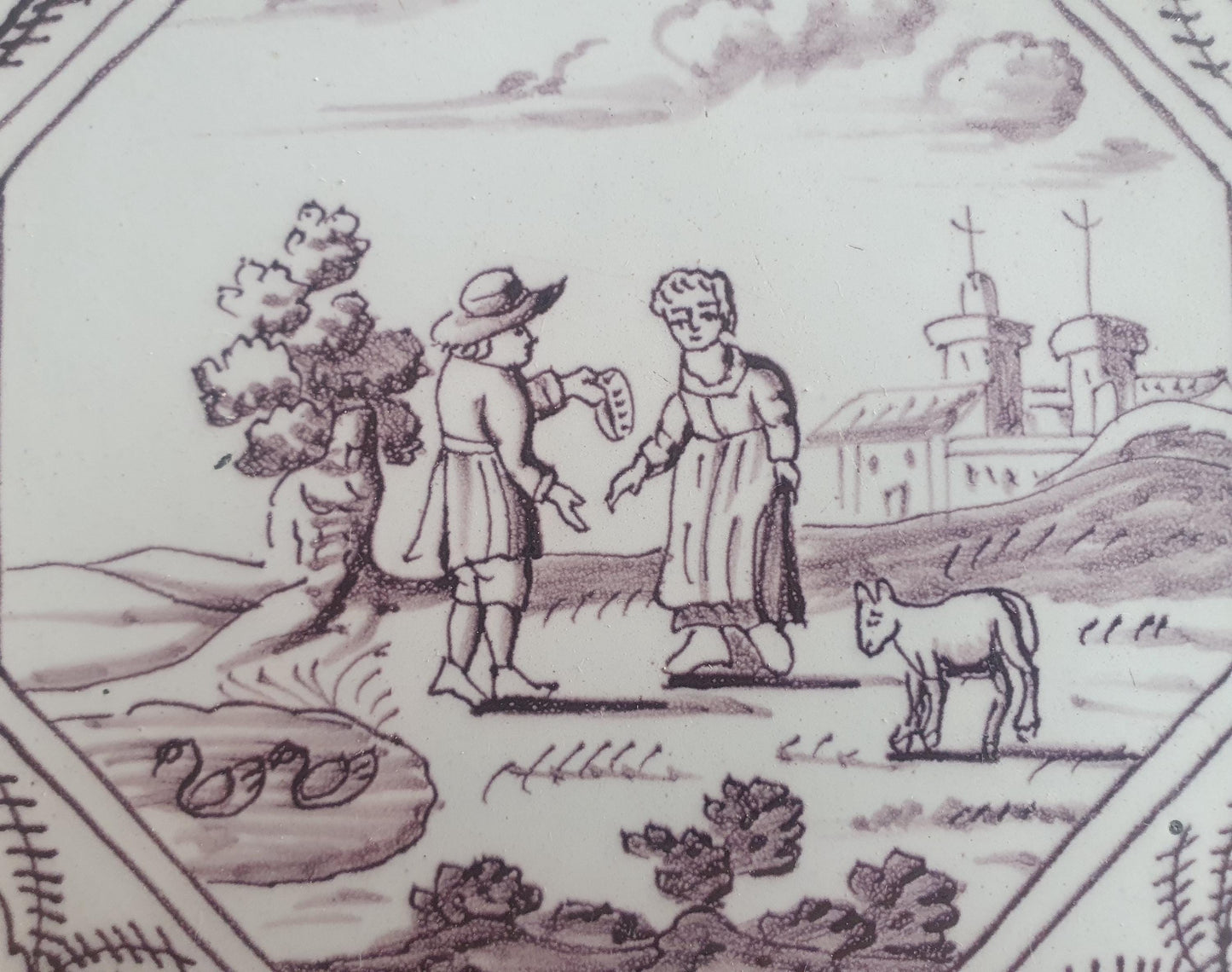 Delft tile, Romantic scene 18th century (c. 1760) Dutch manganese tile . ( Landscape tile )