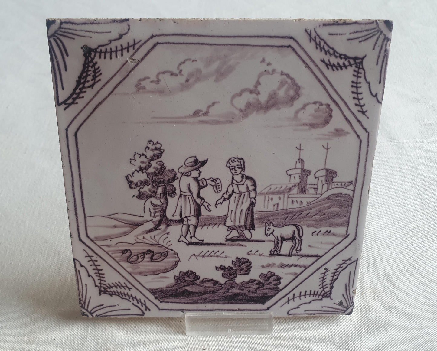Delft tile, Romantic scene 18th century (c. 1760) Dutch manganese tile . ( Landscape tile )