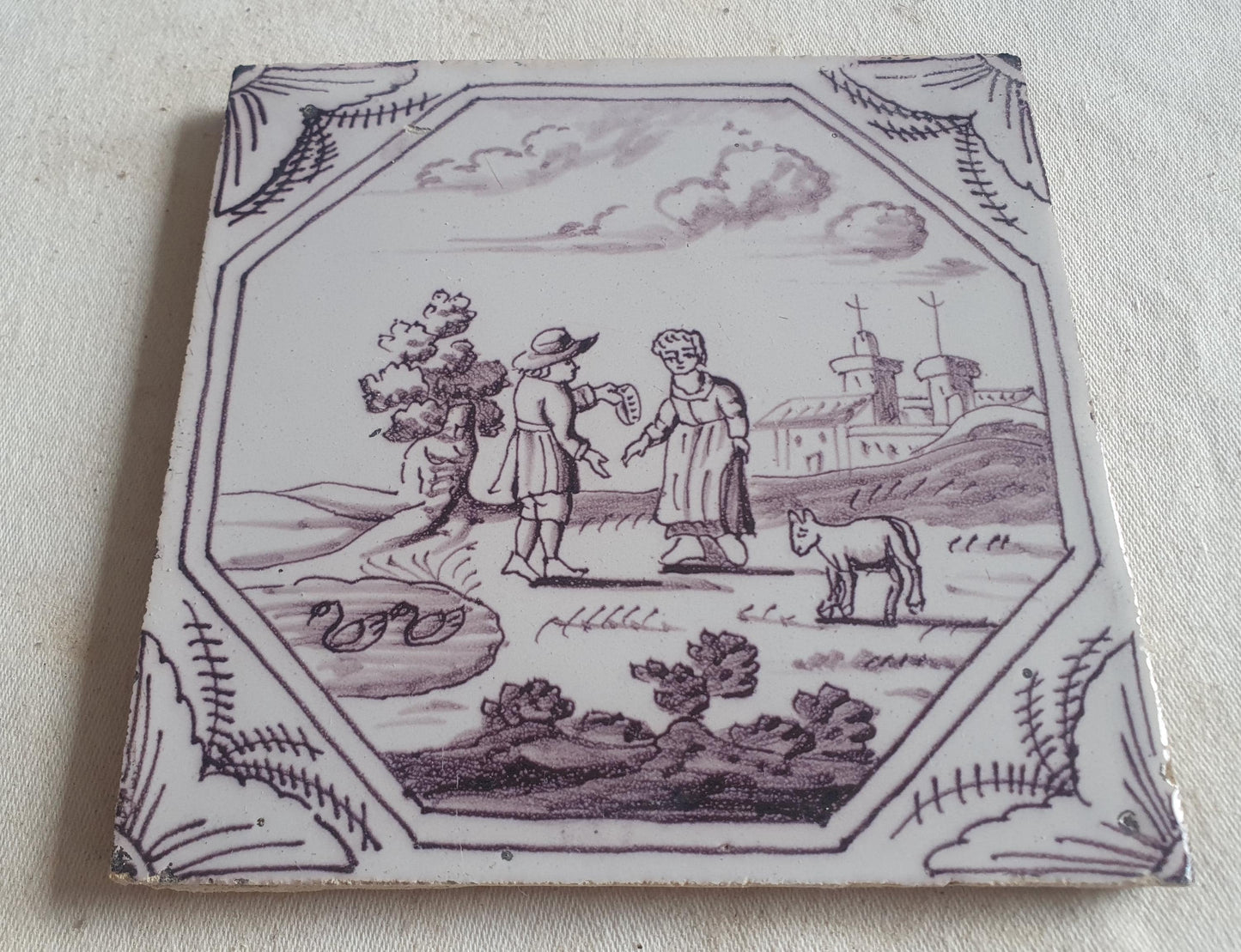 Delft tile, Romantic scene 18th century (c. 1760) Dutch manganese tile . ( Landscape tile )
