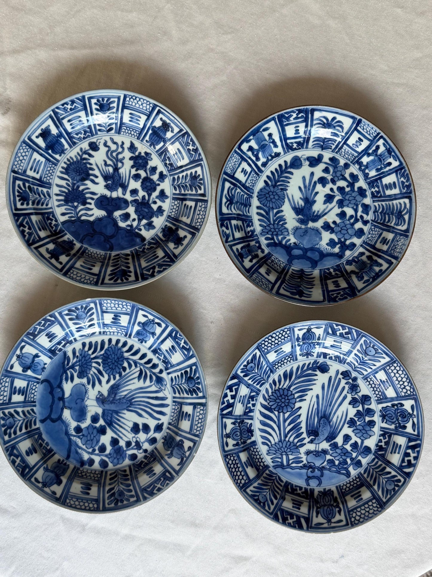 Set of Four Antique Chinese Export Blue and White Porcelain Phoenix Plates Kangxi Period