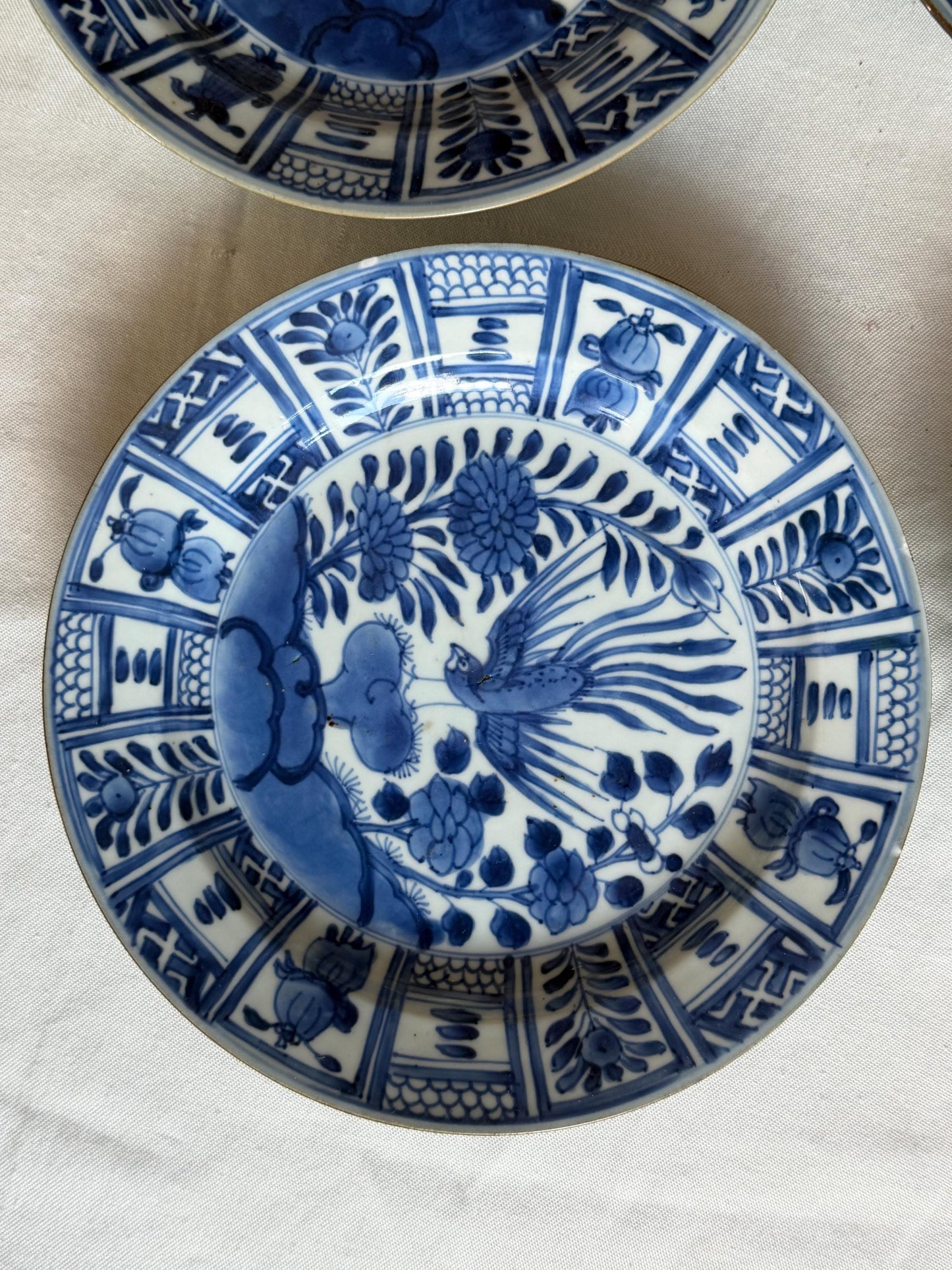 Set of Four Antique Chinese Export Blue and White Porcelain Phoenix Plates Kangxi Period