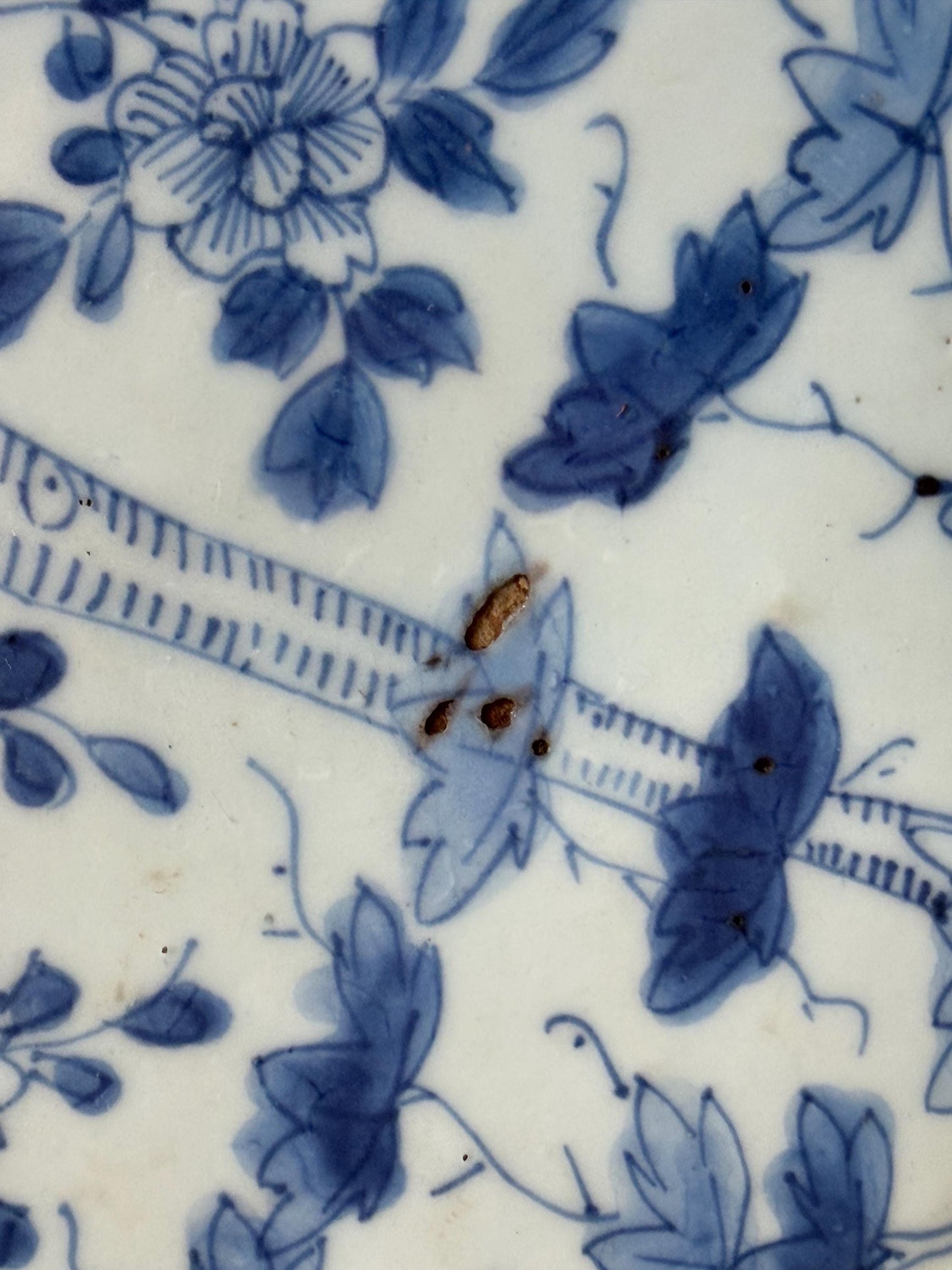 Set of Three Antique Chinese Export Blue and White Porcelain Plates Kangxi Period 18th century bamboo