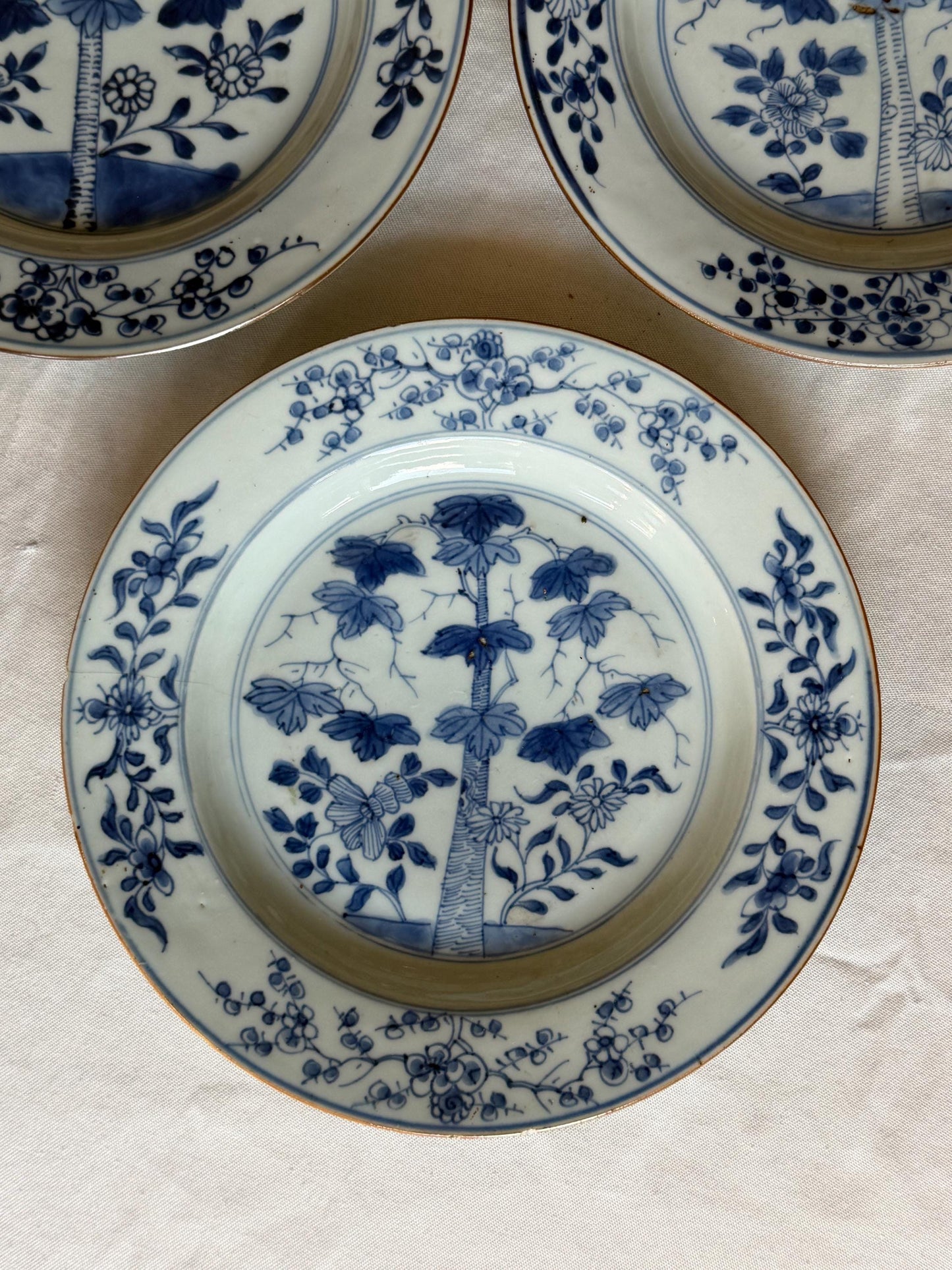 Set of Three Antique Chinese Export Blue and White Porcelain Plates Kangxi Period 18th century bamboo