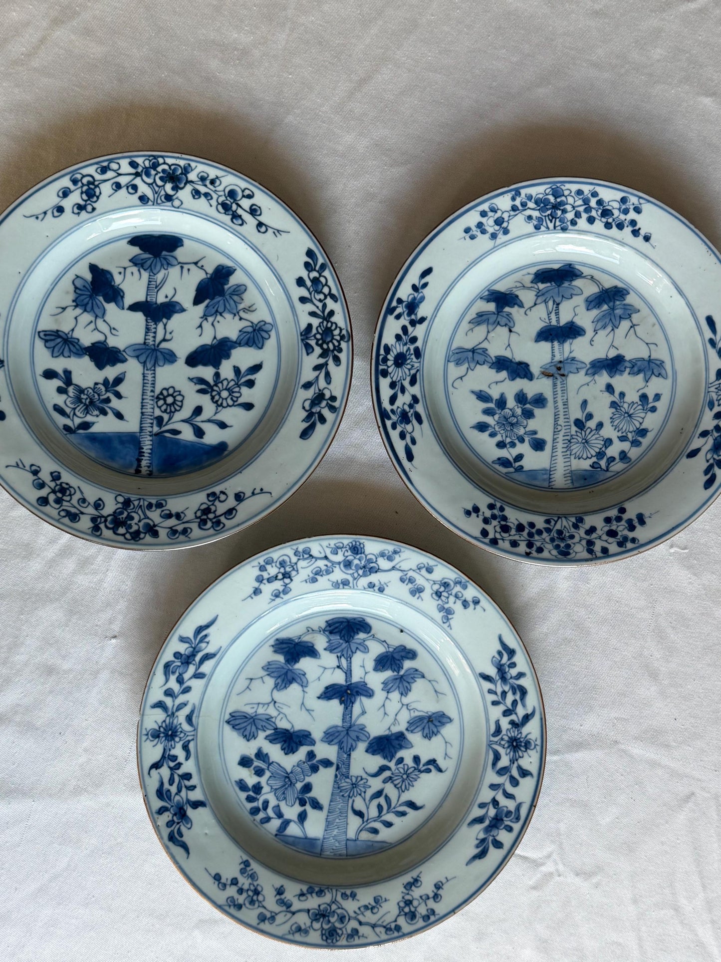Set of Three Antique Chinese Export Blue and White Porcelain Plates Kangxi Period 18th century bamboo