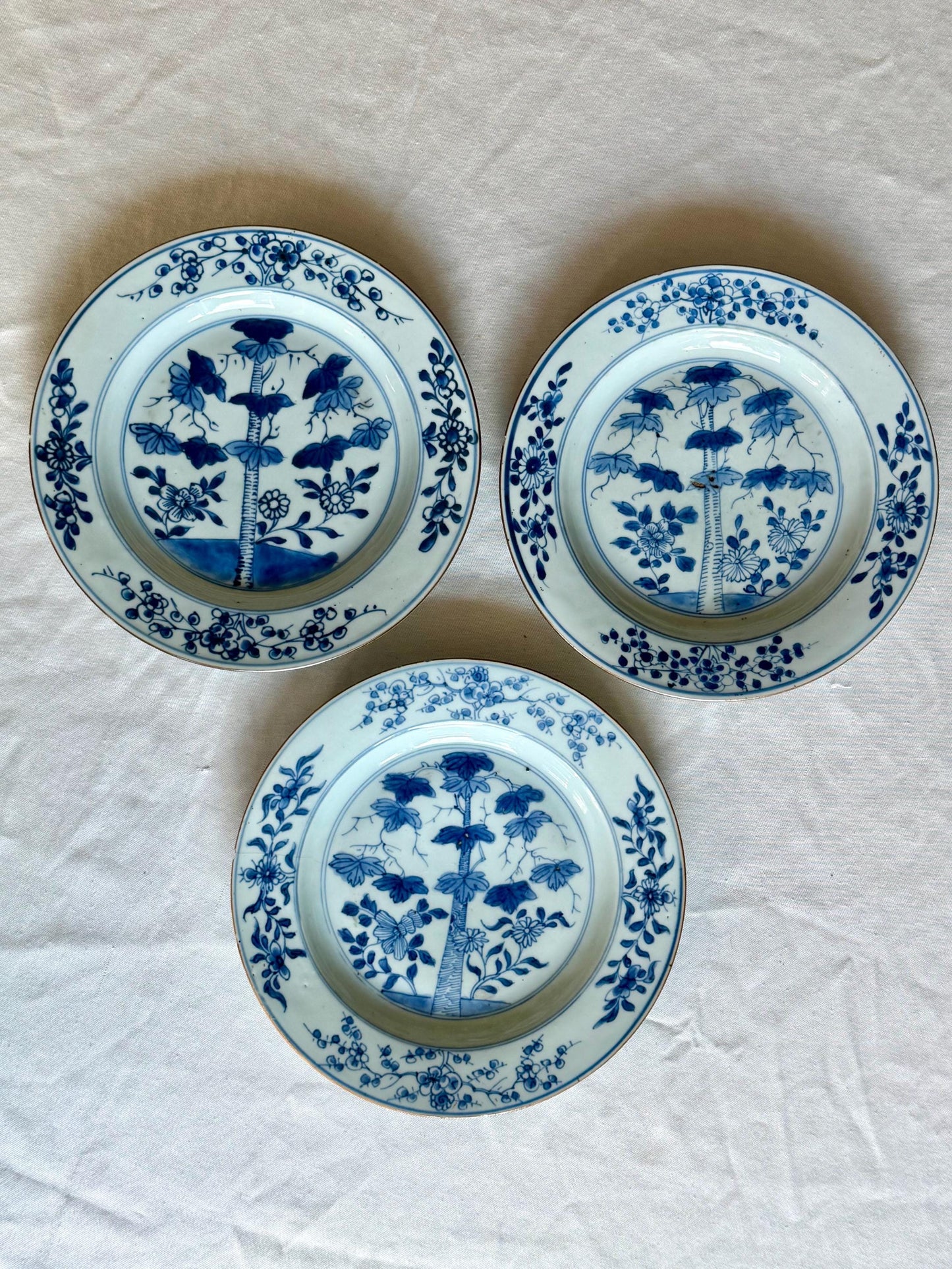 Set of Three Antique Chinese Export Blue and White Porcelain Plates Kangxi Period 18th century bamboo
