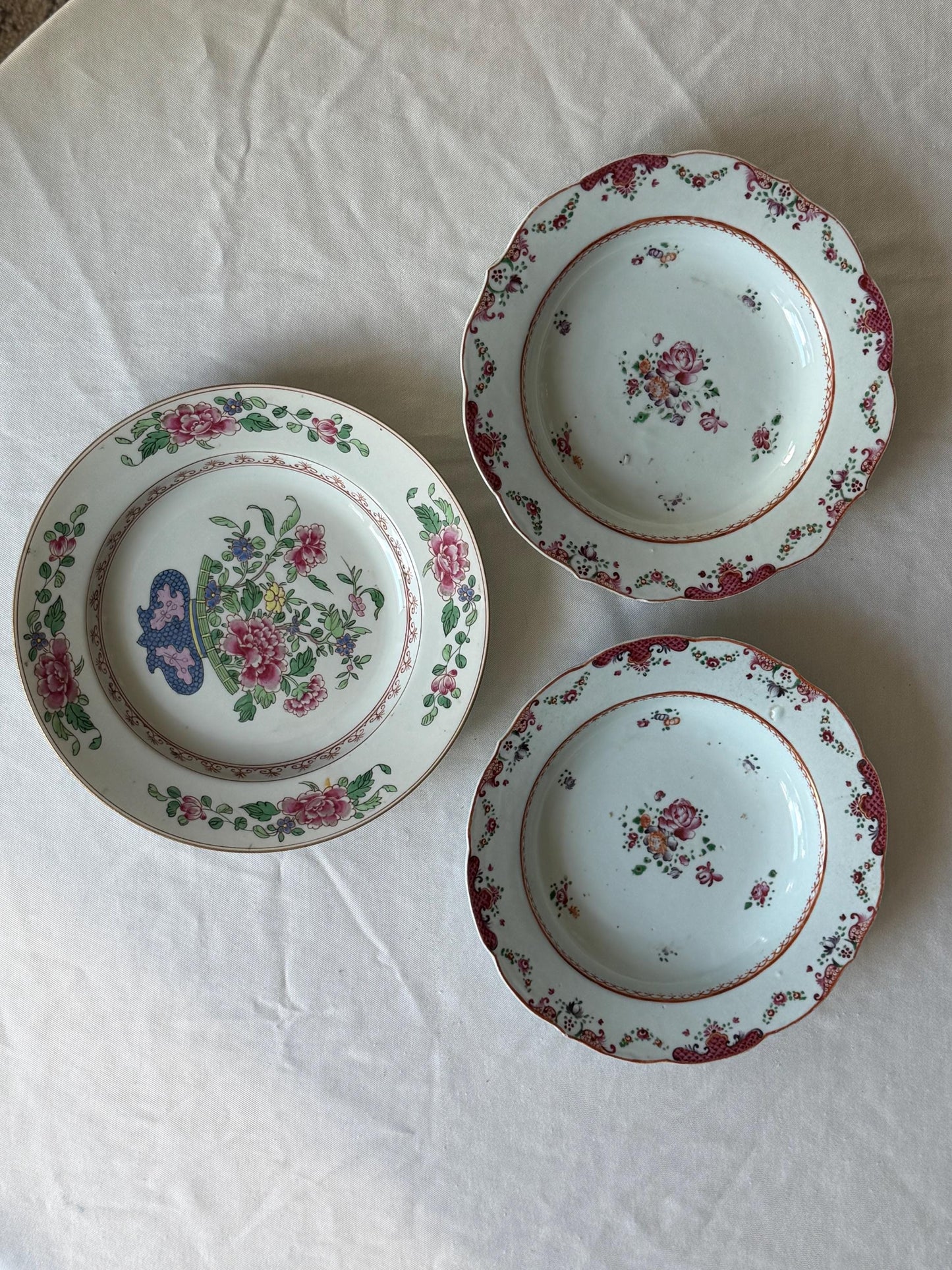 Set of Three Antique Chinese Export Famille Rose Porcelain Soup Plates Qianlong asian antiques 18th