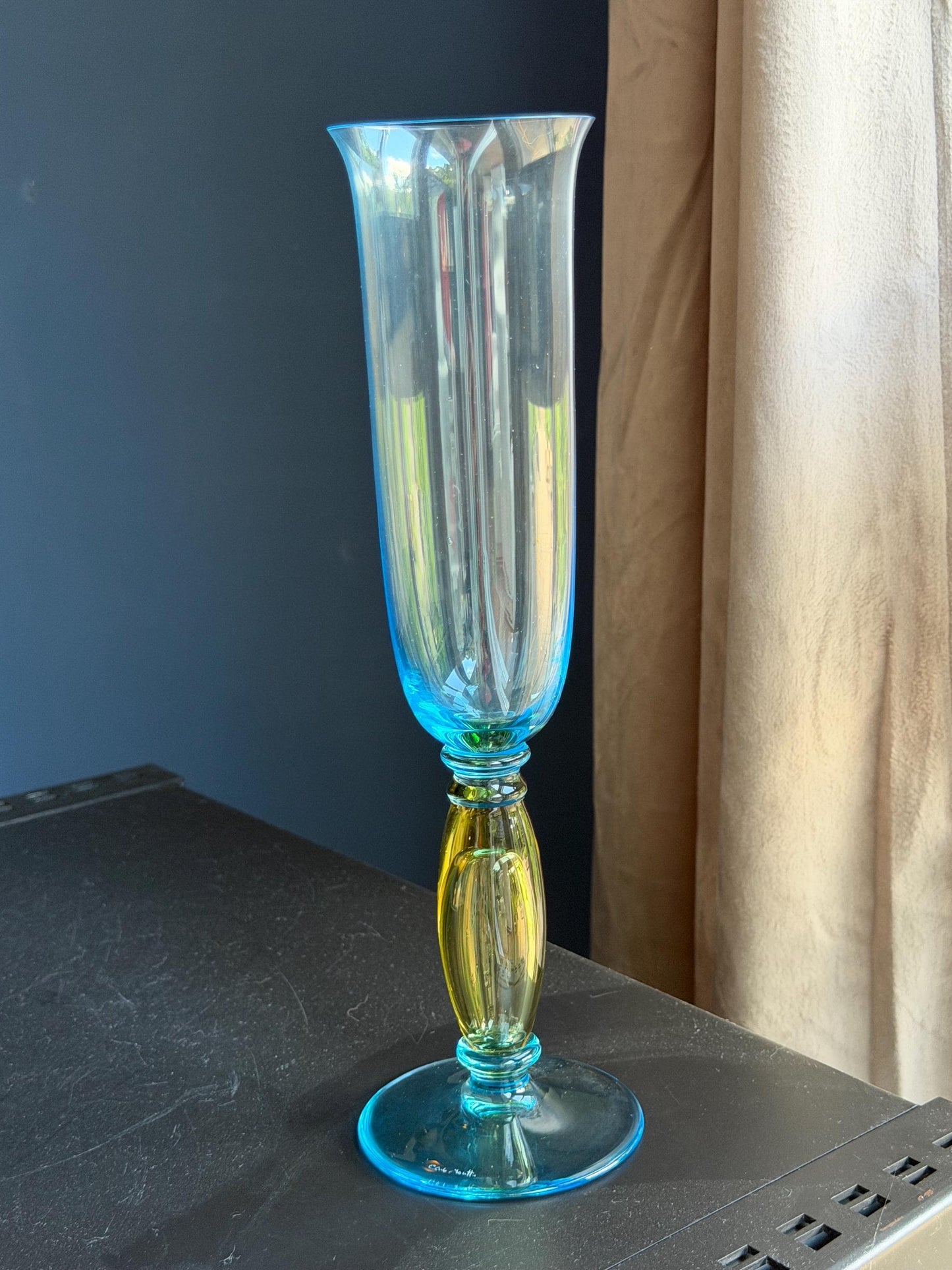 Set of 6 Carlo Moretti Murano Champagne Flutes, Signed Collectible Stem Glass exclusive designer luxury tableware