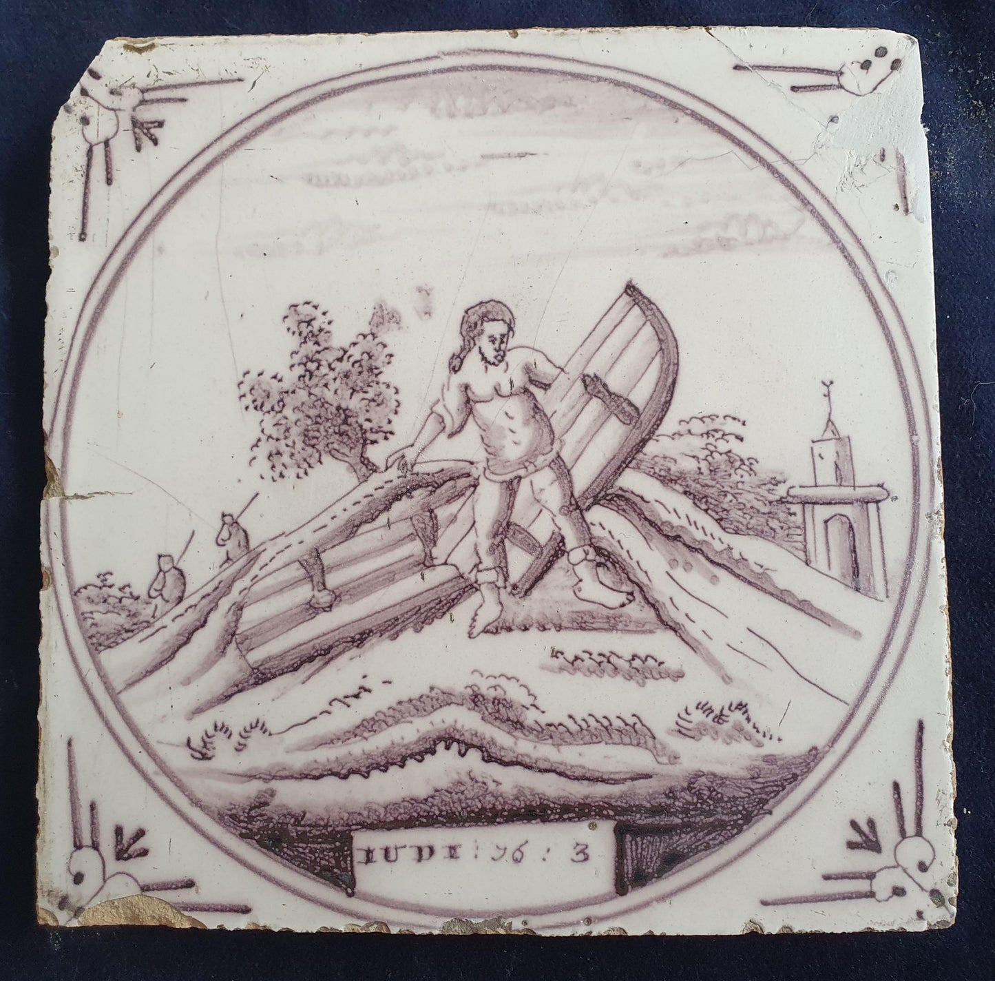 Delft tile, Dutch manganese biblical scene bible tile, 18th century,   Judit 16:3                       Delft tile bibel.