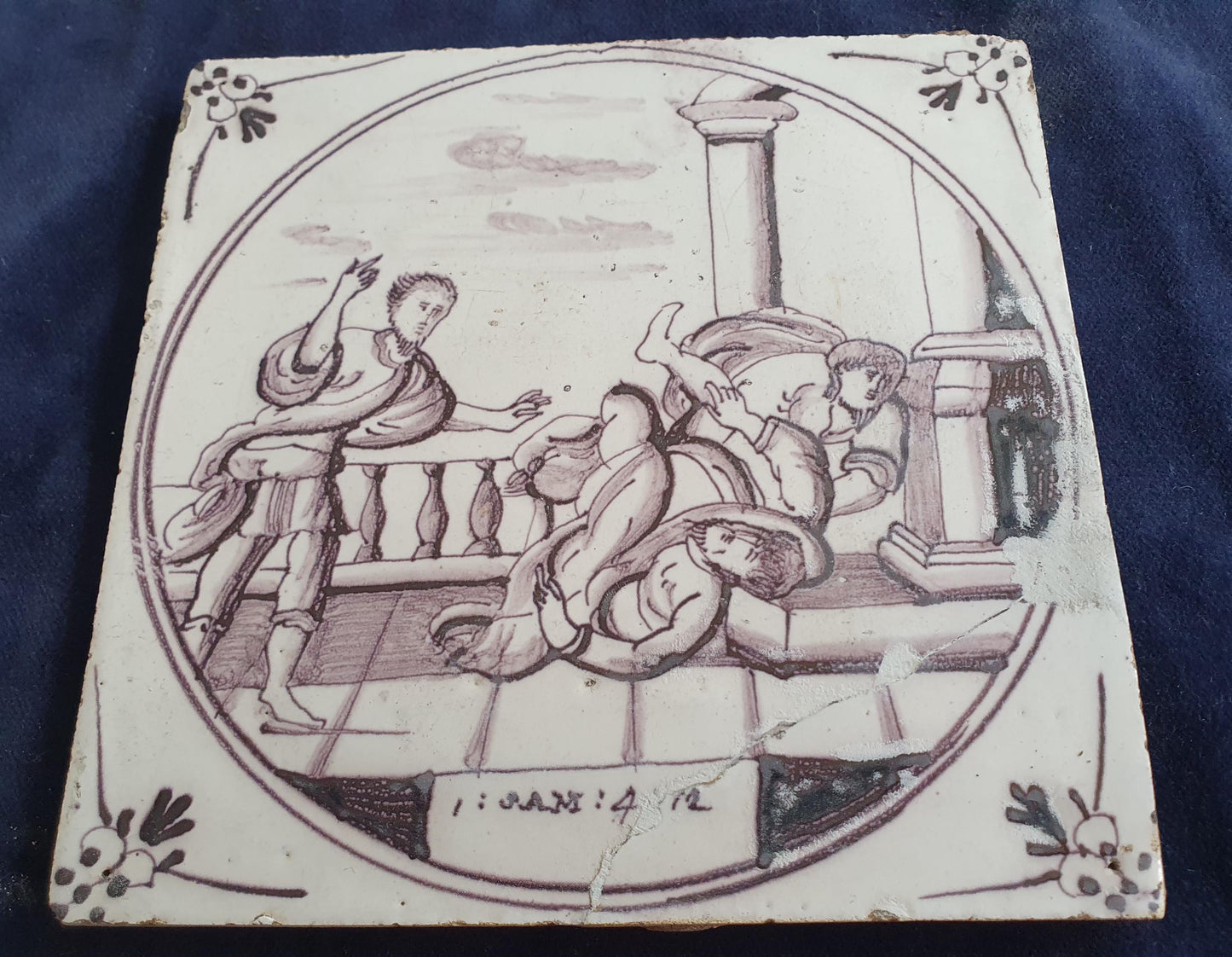 Delft tile, Dutch manganese biblical scene bible tile, 18th century,  1 Samuel 4 - Old Testament                   Delft tile bibel.