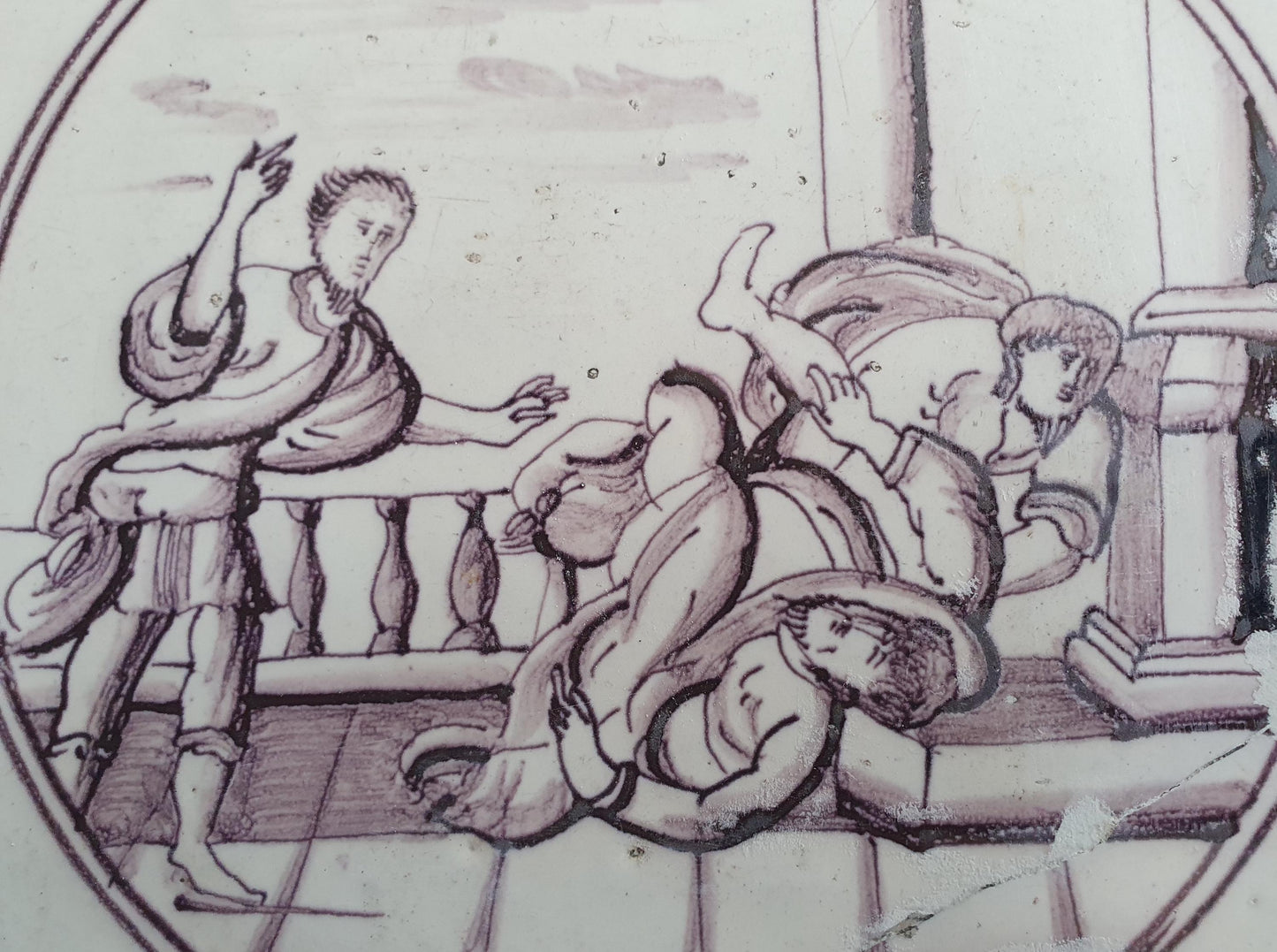 Delft tile, Dutch manganese biblical scene bible tile, 18th century,  1 Samuel 4 - Old Testament                   Delft tile bibel.