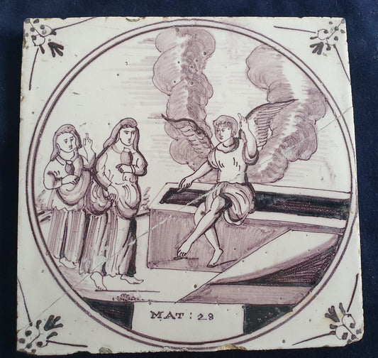 Delft tile, Dutch manganese biblical scene bible tile, 18th century,  deals with the resurrection of Jesus and the Great Commission , bibel.