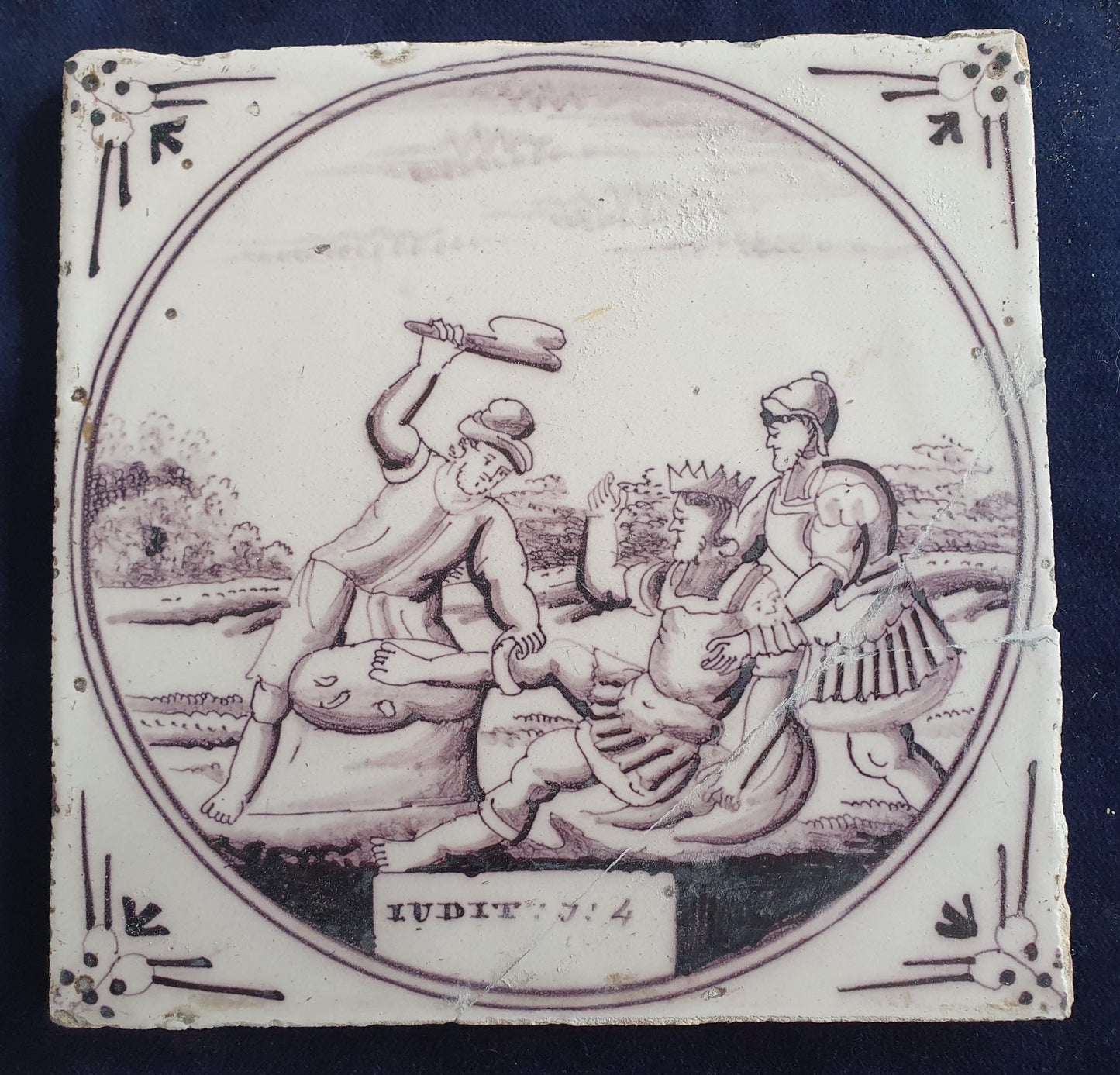 Delft tile, Dutch manganese biblical scene bible tile, 18th century, Judit j :4               Delft tile bibel.