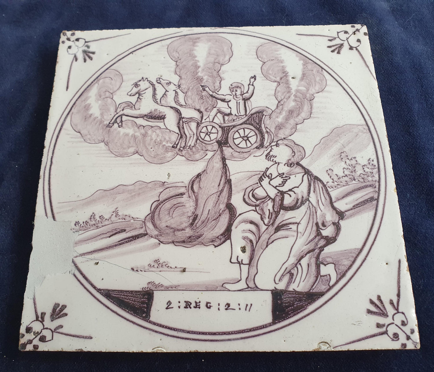 Delft tile, Dutch manganese biblical scene bible tile, 18th century,   Ascension of the Prophet Elijah        Delft tile bibel.