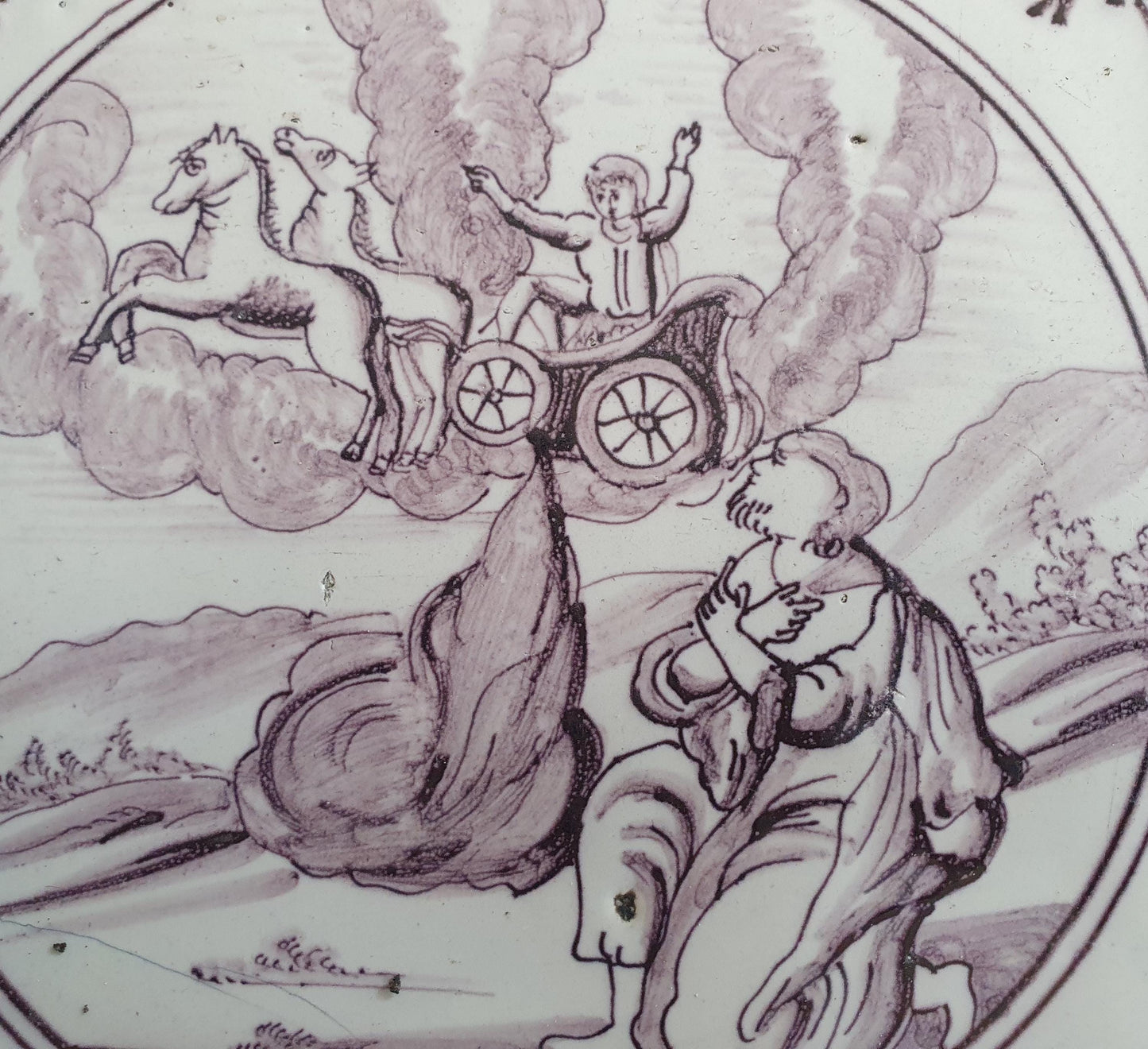 Delft tile, Dutch manganese biblical scene bible tile, 18th century,   Ascension of the Prophet Elijah        Delft tile bibel.