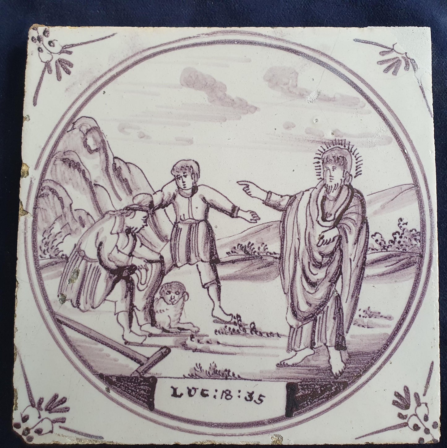 Delft tile, Dutch manganese biblical scene bible tile, 18th century,     Healing of the blind man near Jericho       Delft tile bibel.