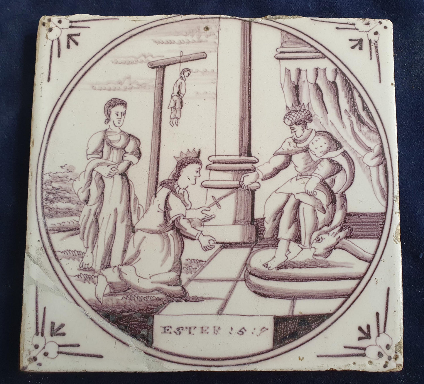 Delft tile, Dutch manganese biblical scene bible tile, 18th century,   Ester 5 :4    Delft tile bibel.