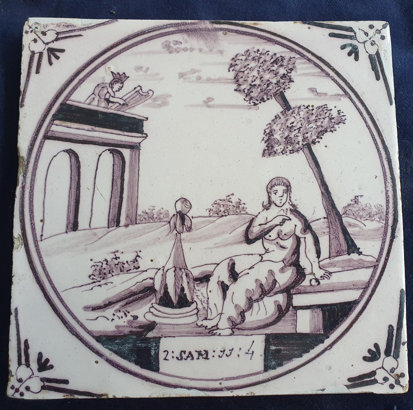 Delft tile, Dutch manganese biblical scene bible tile, 18th century,  David and Bathsheba          Delft tile bibel.