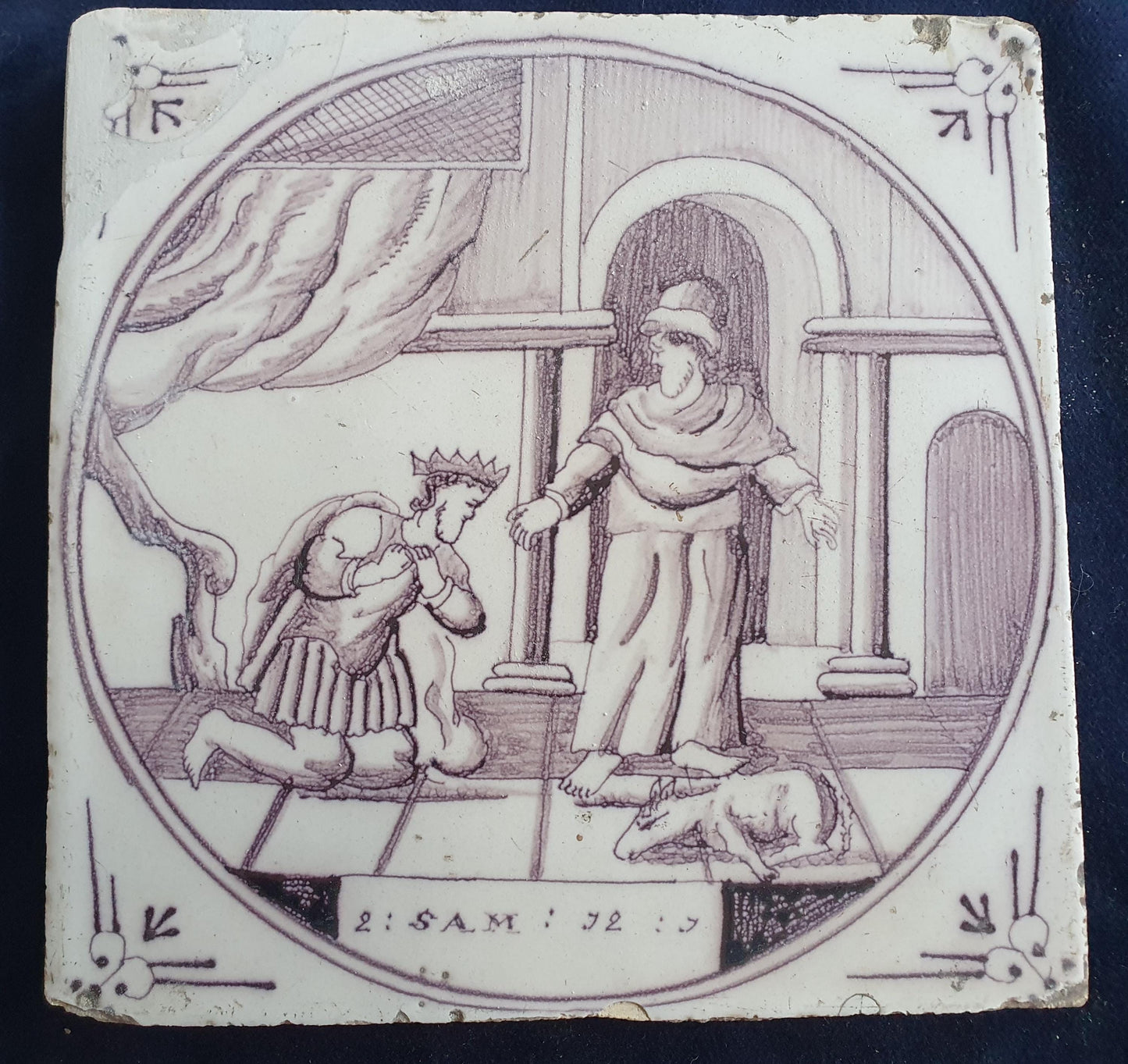 Delft tile, Dutch manganese biblical scene bible tile, 18th century,