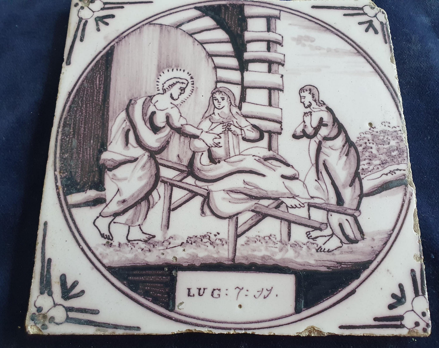 Delft tile, Dutch manganese biblical scene bible tile, 18th century,