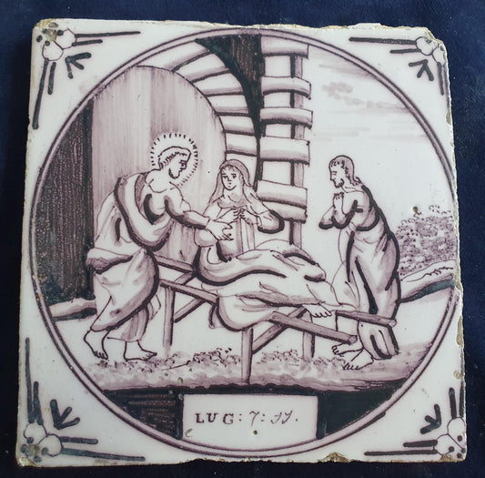 Delft tile, Dutch manganese biblical scene bible tile, 18th century,