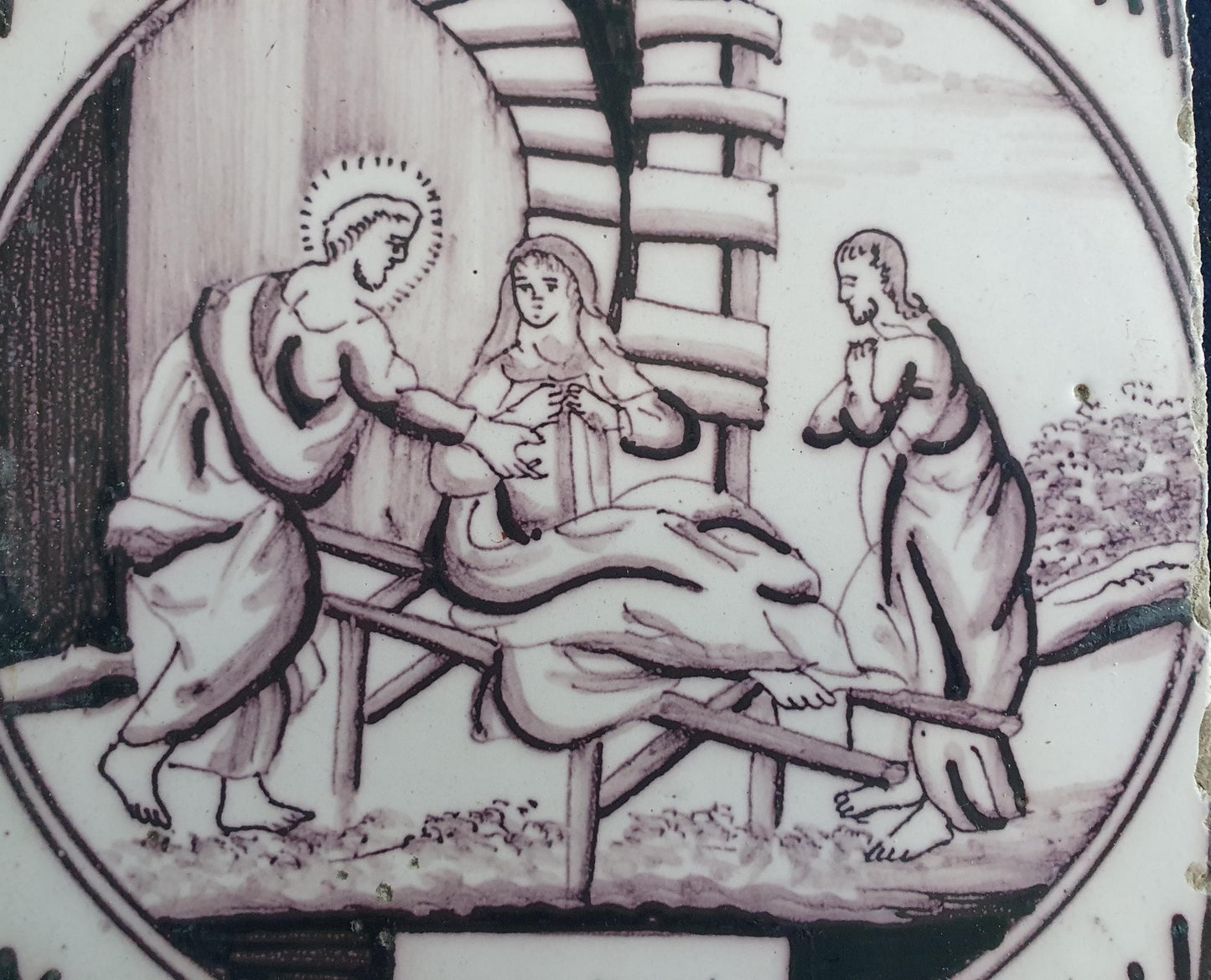 Delft tile, Dutch manganese biblical scene bible tile, 18th century,