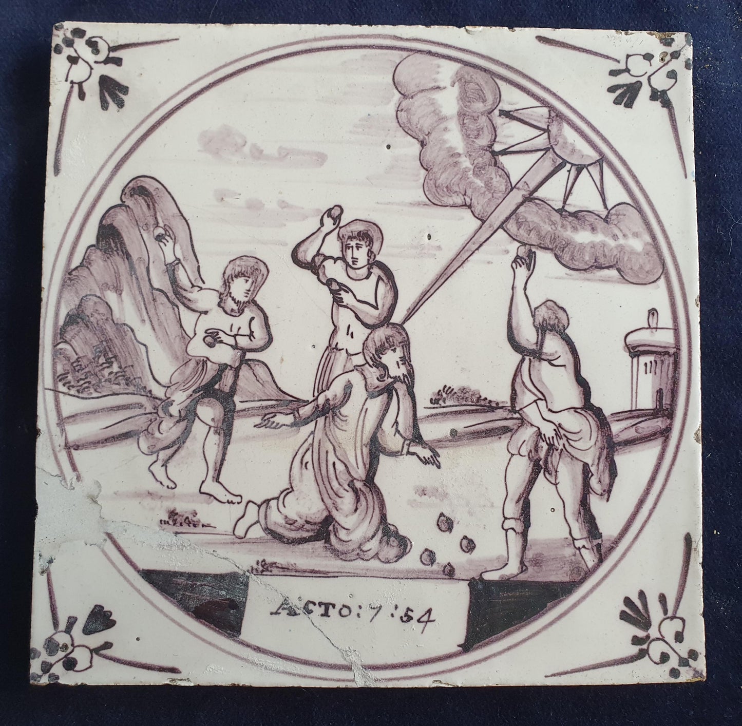 Delft tile, Dutch manganese biblical scene bible tile, 18th century, Raising of the widow's son from Nain