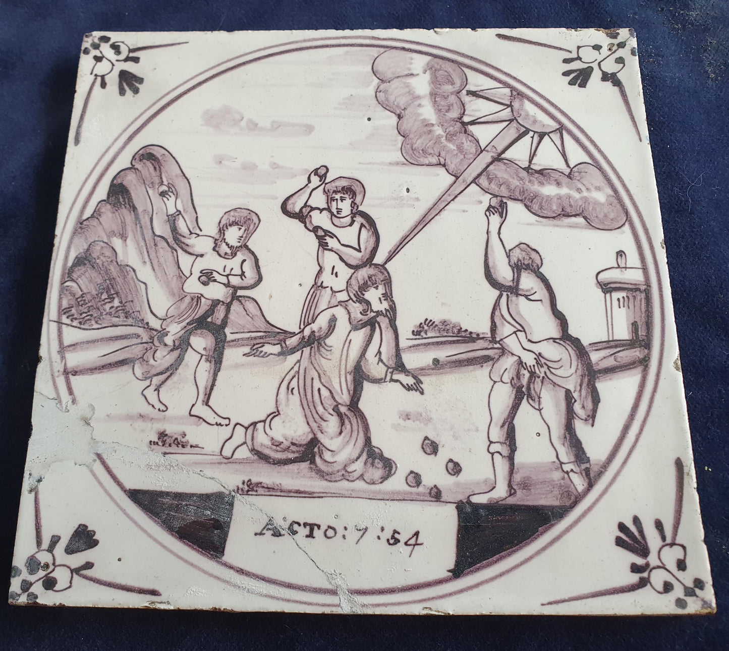 Delft tile, Dutch manganese biblical scene bible tile, 18th century, Raising of the widow's son from Nain
