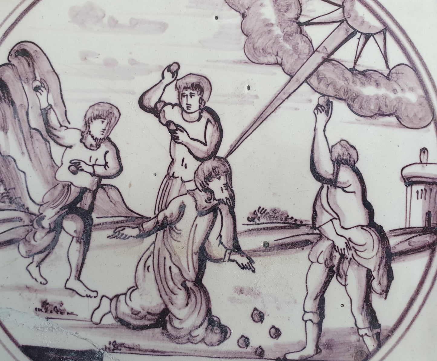 Delft tile, Dutch manganese biblical scene bible tile, 18th century, Raising of the widow's son from Nain