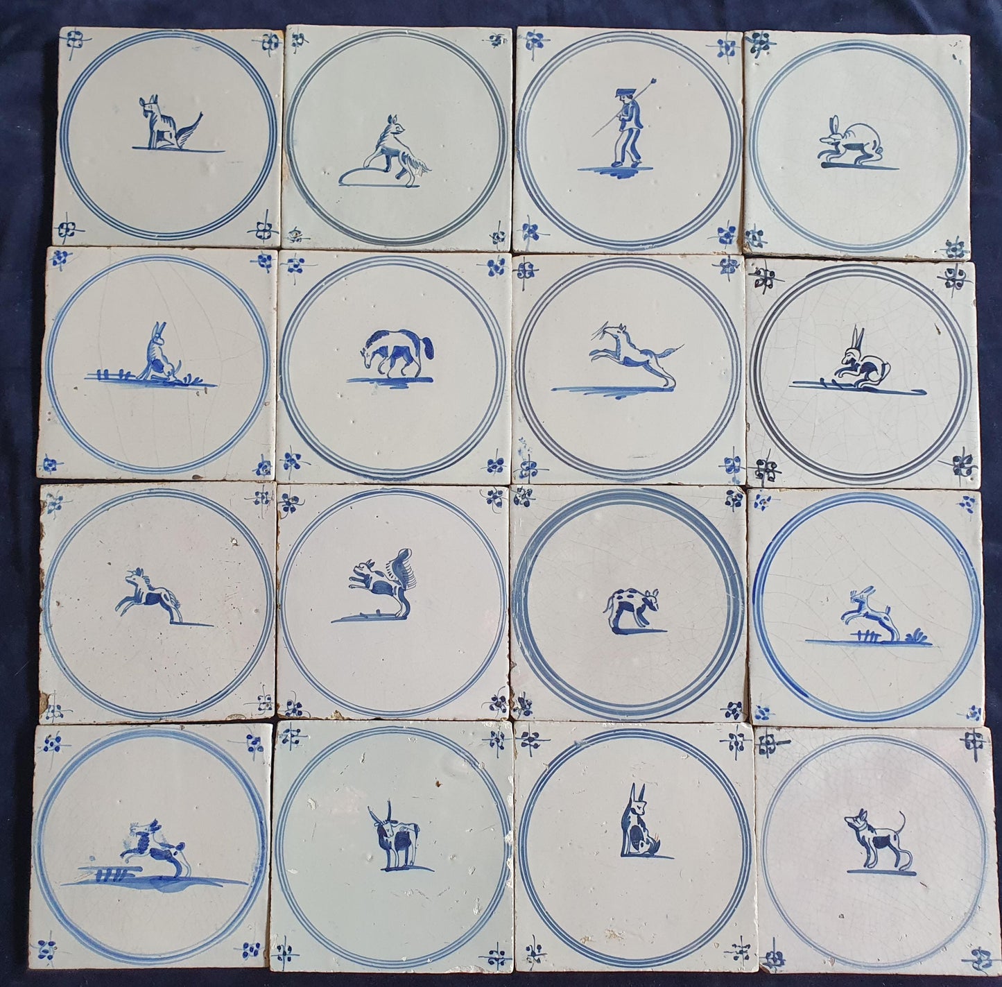 16 x Antique Delft Tiles, 18th Century Dutch Animal Motifs,  circle springer.