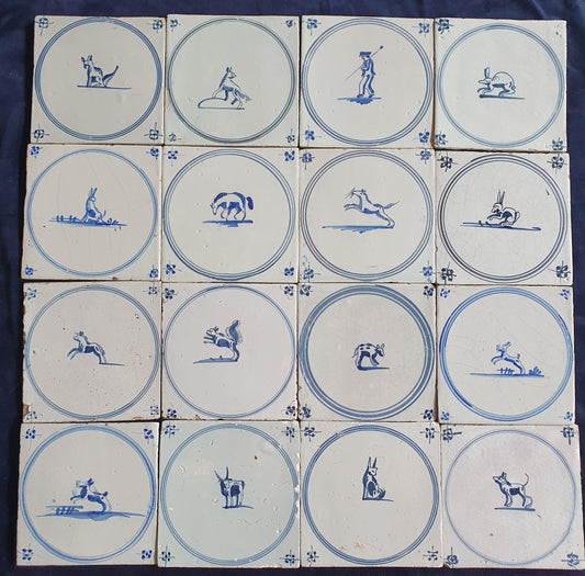 16 x Antique Delft Tiles, 18th Century Dutch Animal Motifs,  circle springer.