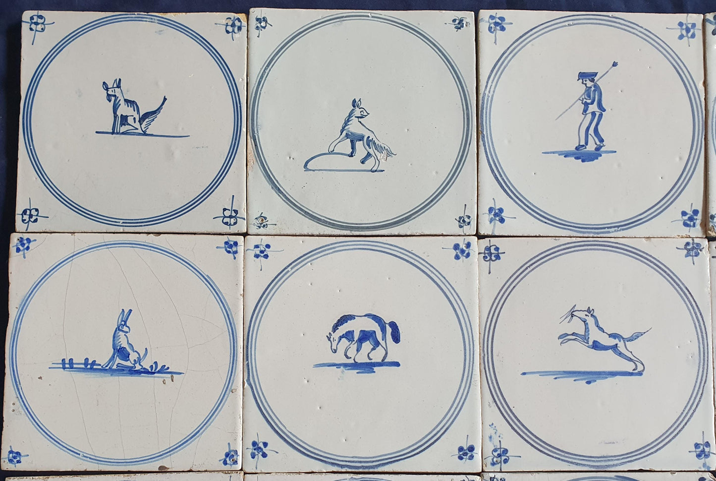 16 x Antique Delft Tiles, 18th Century Dutch Animal Motifs,  circle springer.