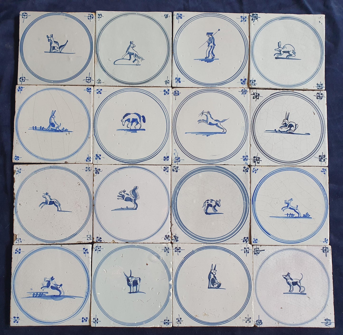 16 x Antique Delft Tiles, 18th Century Dutch Animal Motifs,  circle springer.