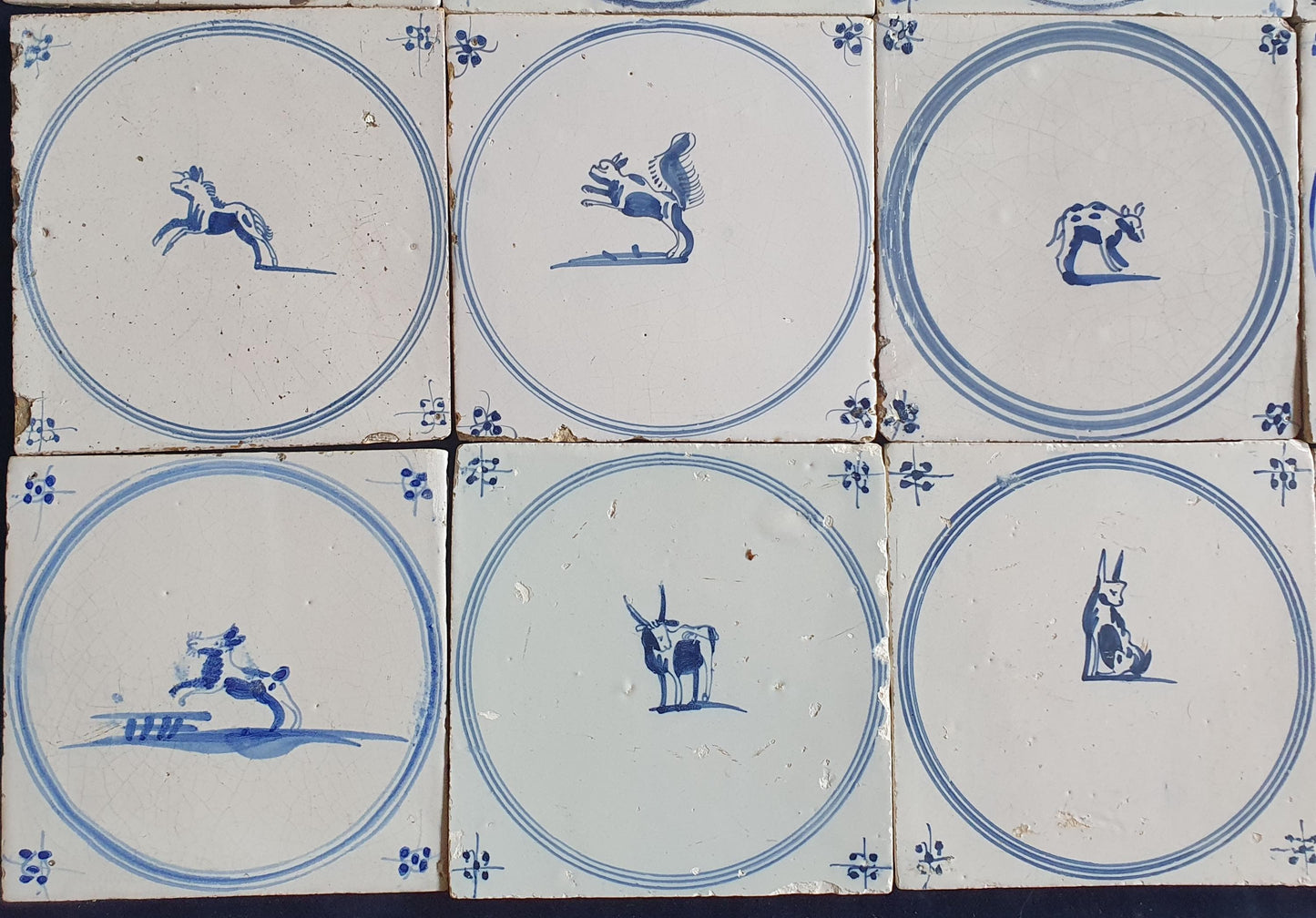 16 x Antique Delft Tiles, 18th Century Dutch Animal Motifs,  circle springer.