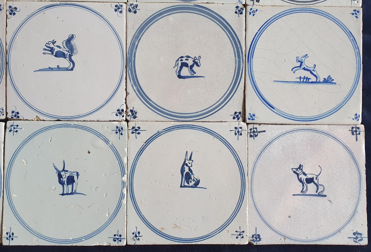 16 x Antique Delft Tiles, 18th Century Dutch Animal Motifs,  circle springer.