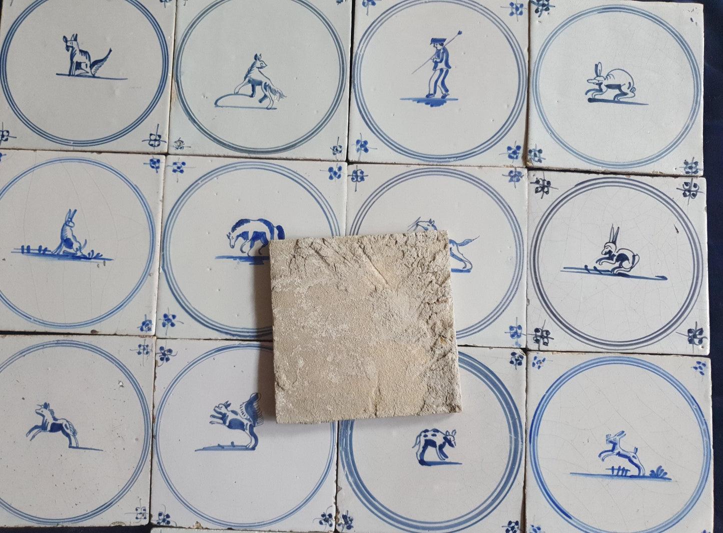 16 x Antique Delft Tiles, 18th Century Dutch Animal Motifs,  circle springer.