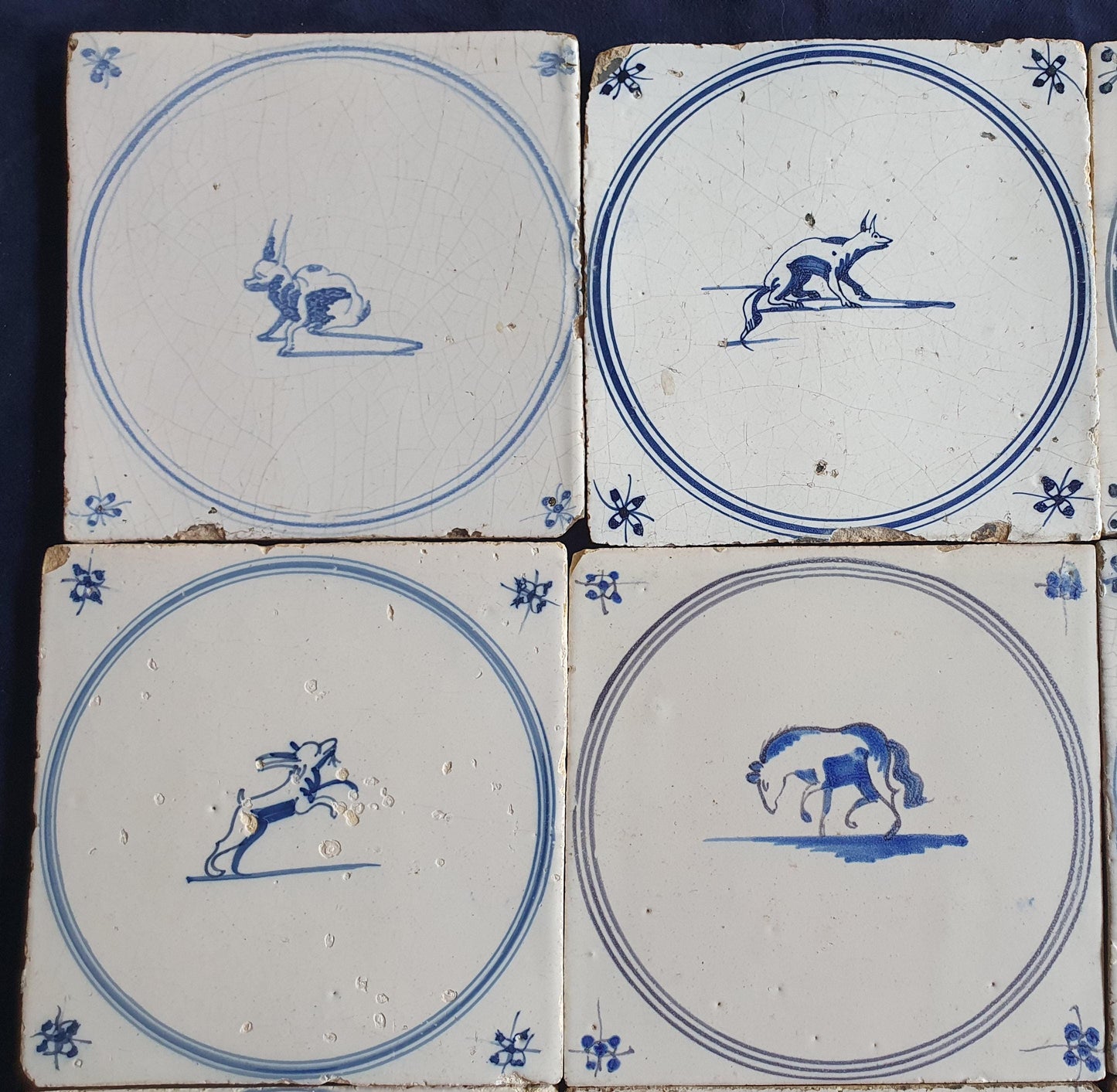 9 x Antique Delft Tiles, 18th Century Dutch Animal Motifs,  circle springer.