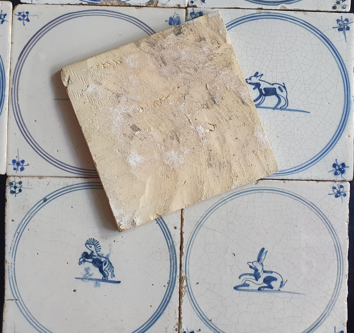 9 x Antique Delft Tiles, 18th Century Dutch Animal Motifs,  circle springer.