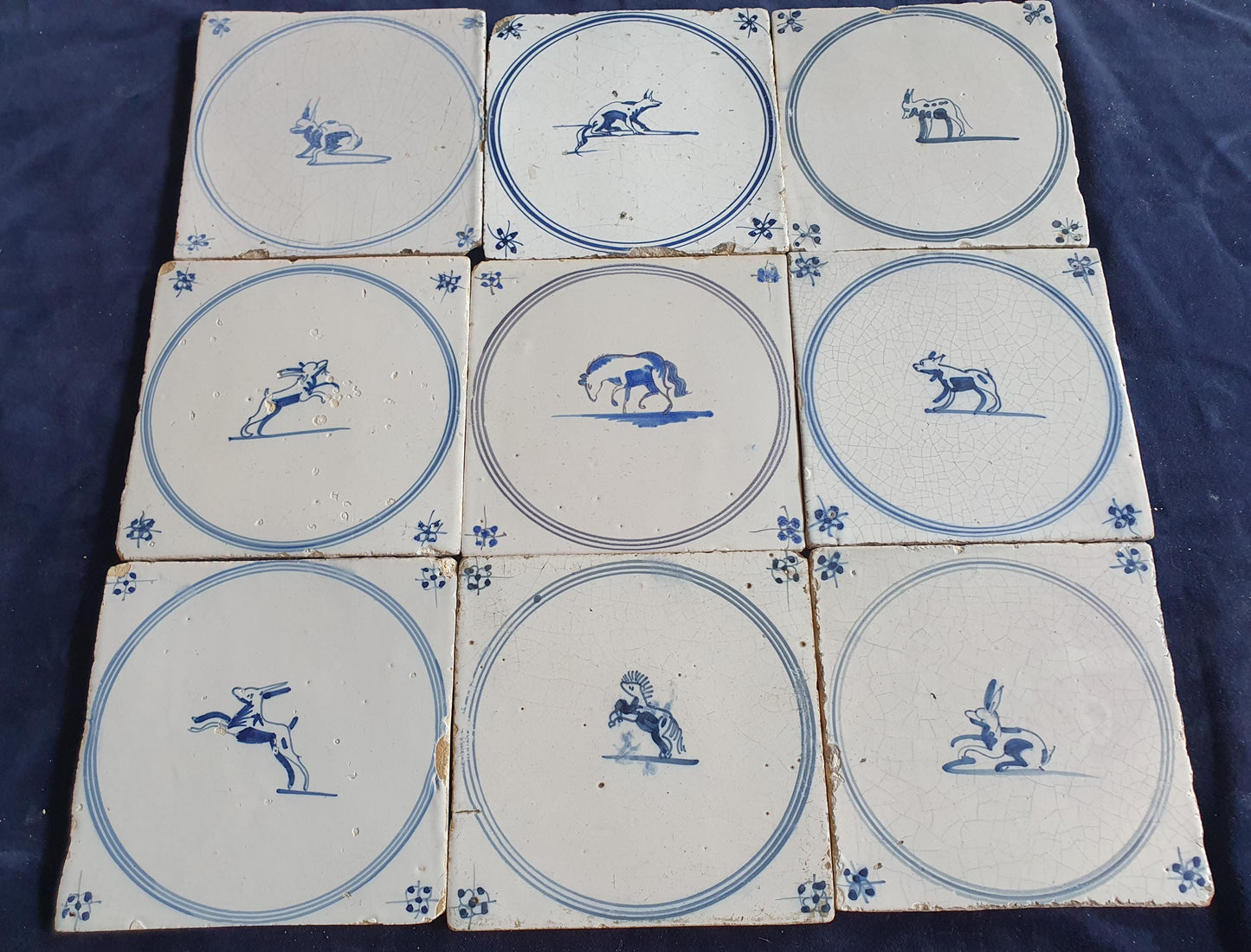 9 x Antique Delft Tiles, 18th Century Dutch Animal Motifs,  circle springer.