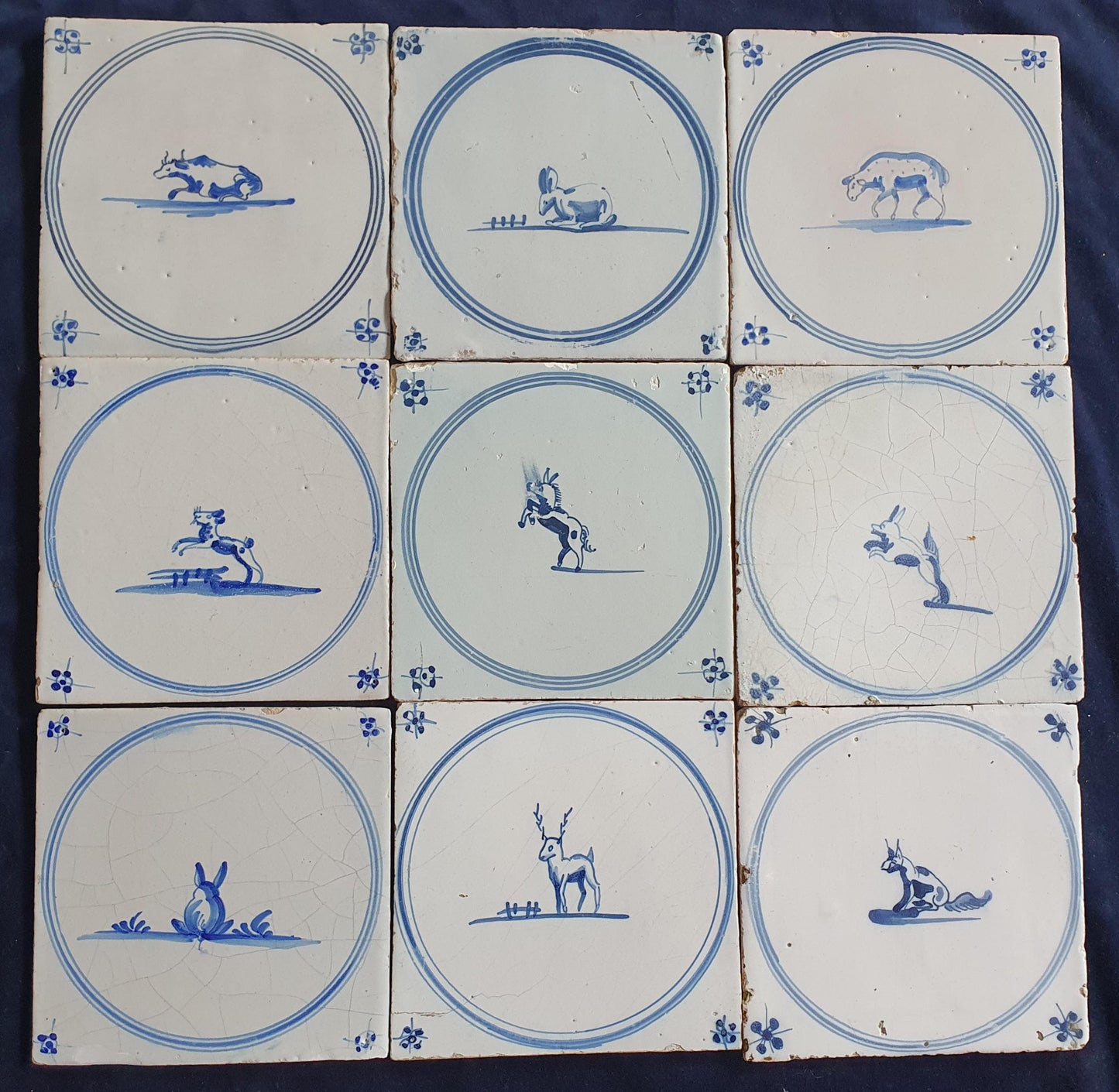 9 x Antique Delft Tiles, 18th Century Dutch Animal Motifs,  circle springer.