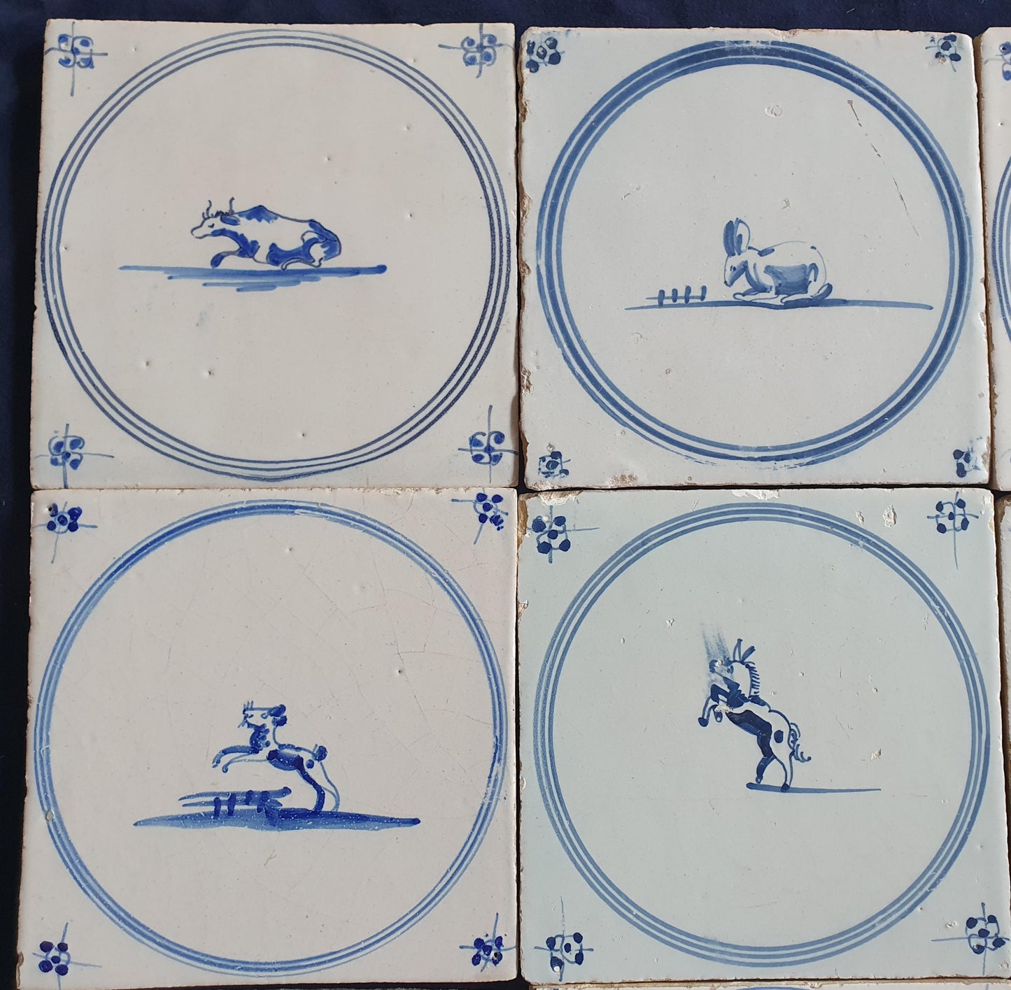 9 x Antique Delft Tiles, 18th Century Dutch Animal Motifs,  circle springer.