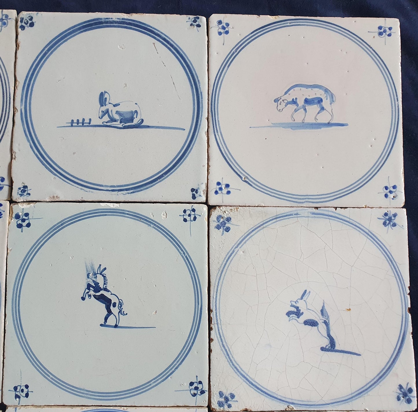 9 x Antique Delft Tiles, 18th Century Dutch Animal Motifs,  circle springer.