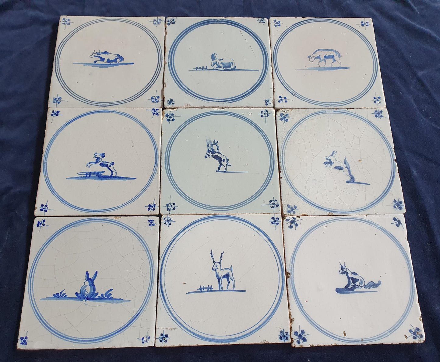 9 x Antique Delft Tiles, 18th Century Dutch Animal Motifs,  circle springer.