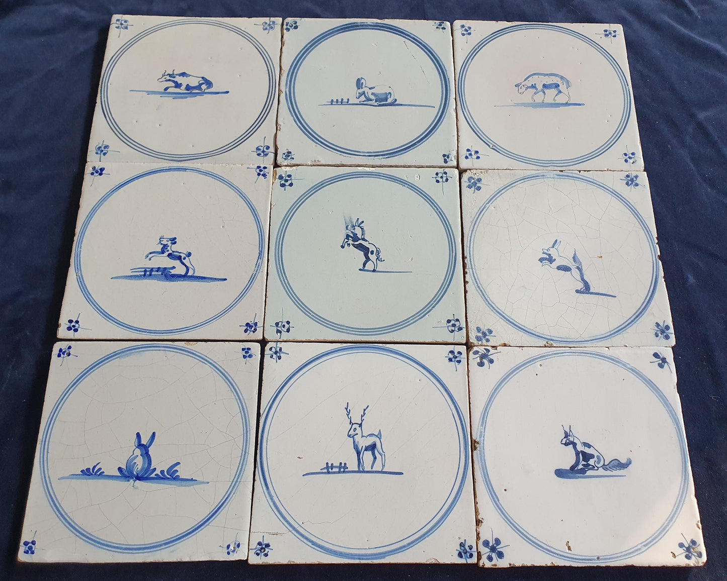 9 x Antique Delft Tiles, 18th Century Dutch Animal Motifs,  circle springer.