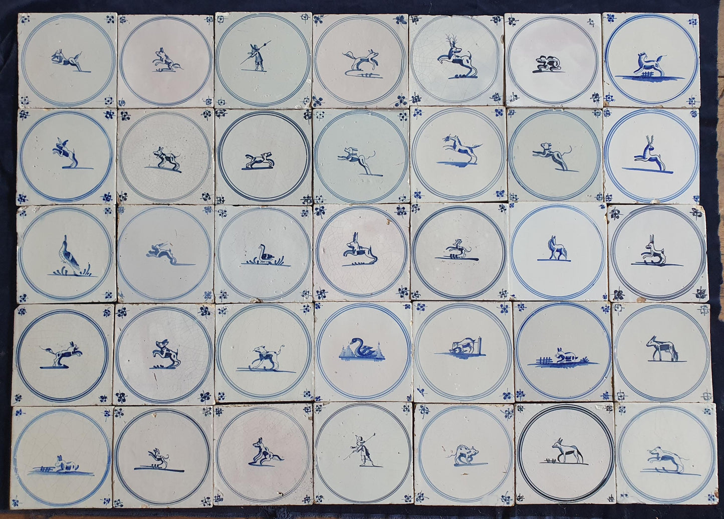 35 x Antique Delft Tiles, 18th Century Dutch Animal Motifs,  circle springer.