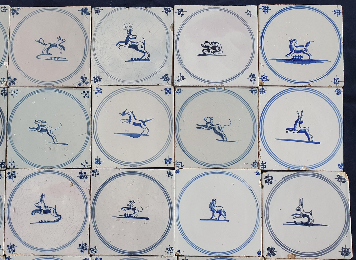 35 x Antique Delft Tiles, 18th Century Dutch Animal Motifs,  circle springer.