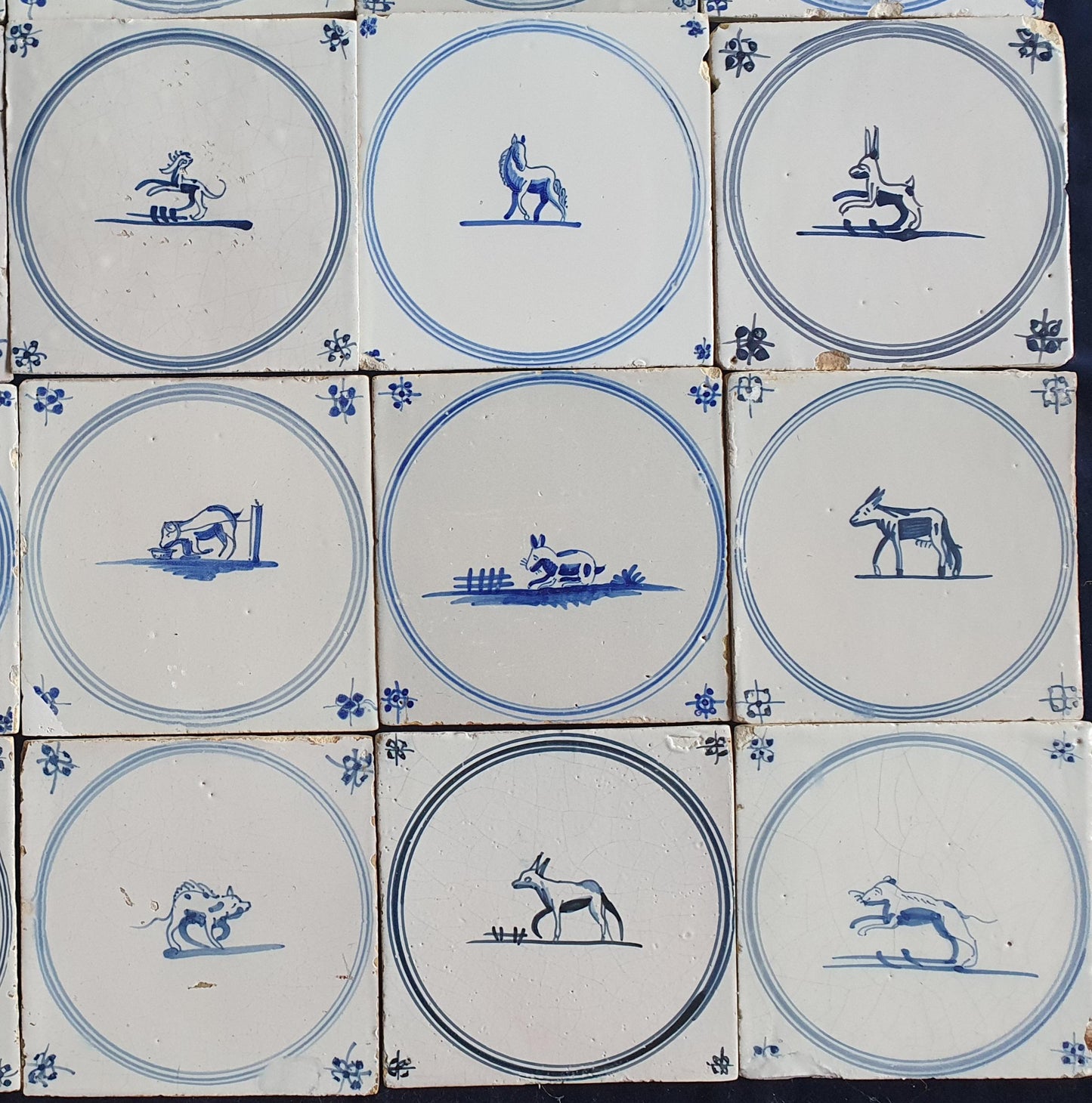 35 x Antique Delft Tiles, 18th Century Dutch Animal Motifs,  circle springer.